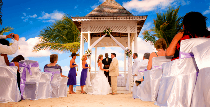 A wedding ceremony taking place at an exotic location